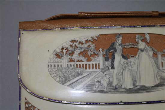 An Edwardian Regency style carved ivory and enamel purse